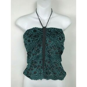 Bebe Blue Black Lace Sheer Corset Style Bodice Top